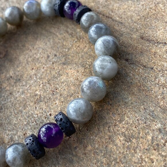 Wanderer and Gatherer - Labradorite, Lava, and Amethyst bracelet. 6.5" stretchy - Picture 3 of 4